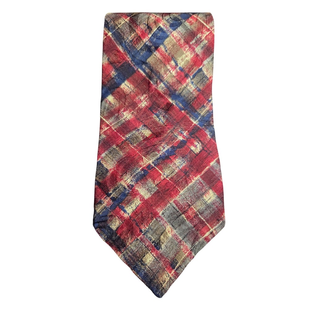 Henry Grethel Mens Red Blue Gold Plaid Paisley 100% Italian Silk Necktie 4 Inch